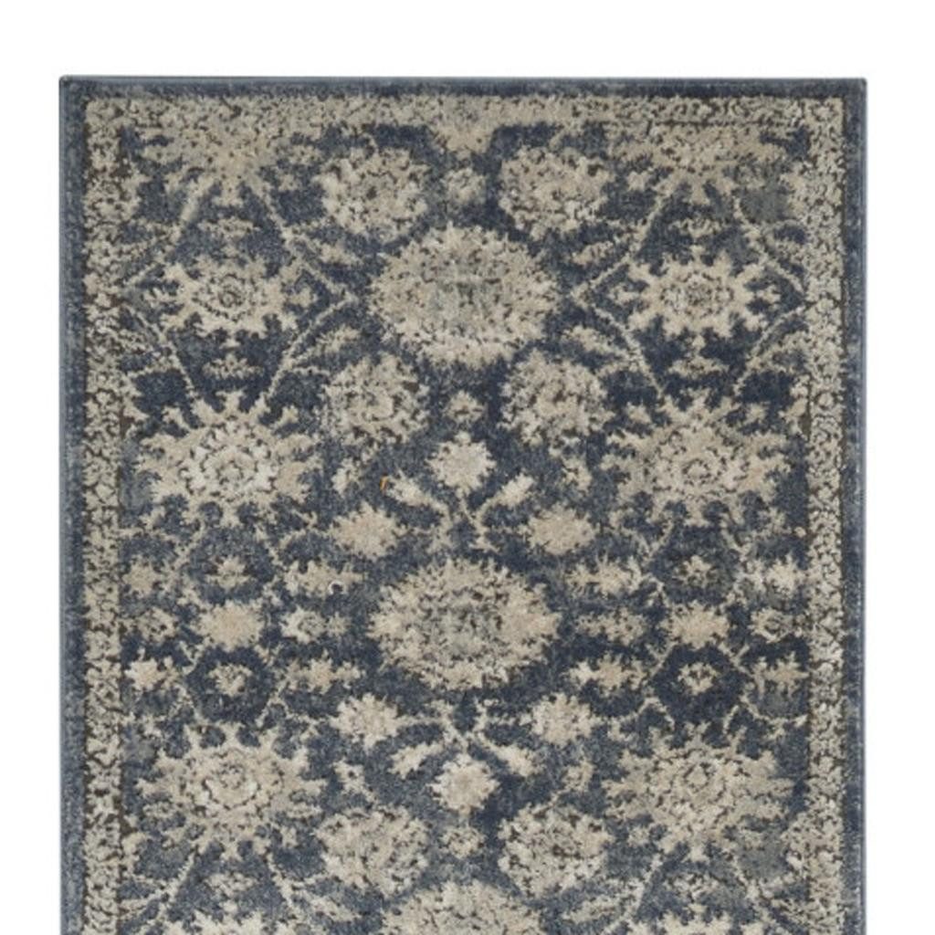 Beige and Blue Floral Medallion Polypropylene Rectangle Area Rug