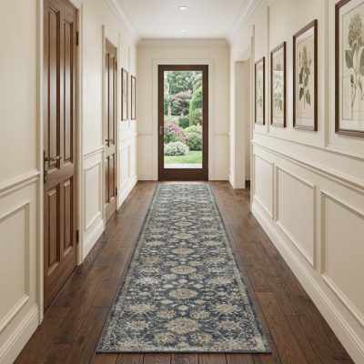 Beige and Blue Floral Medallion Polypropylene Rectangle Area Rug