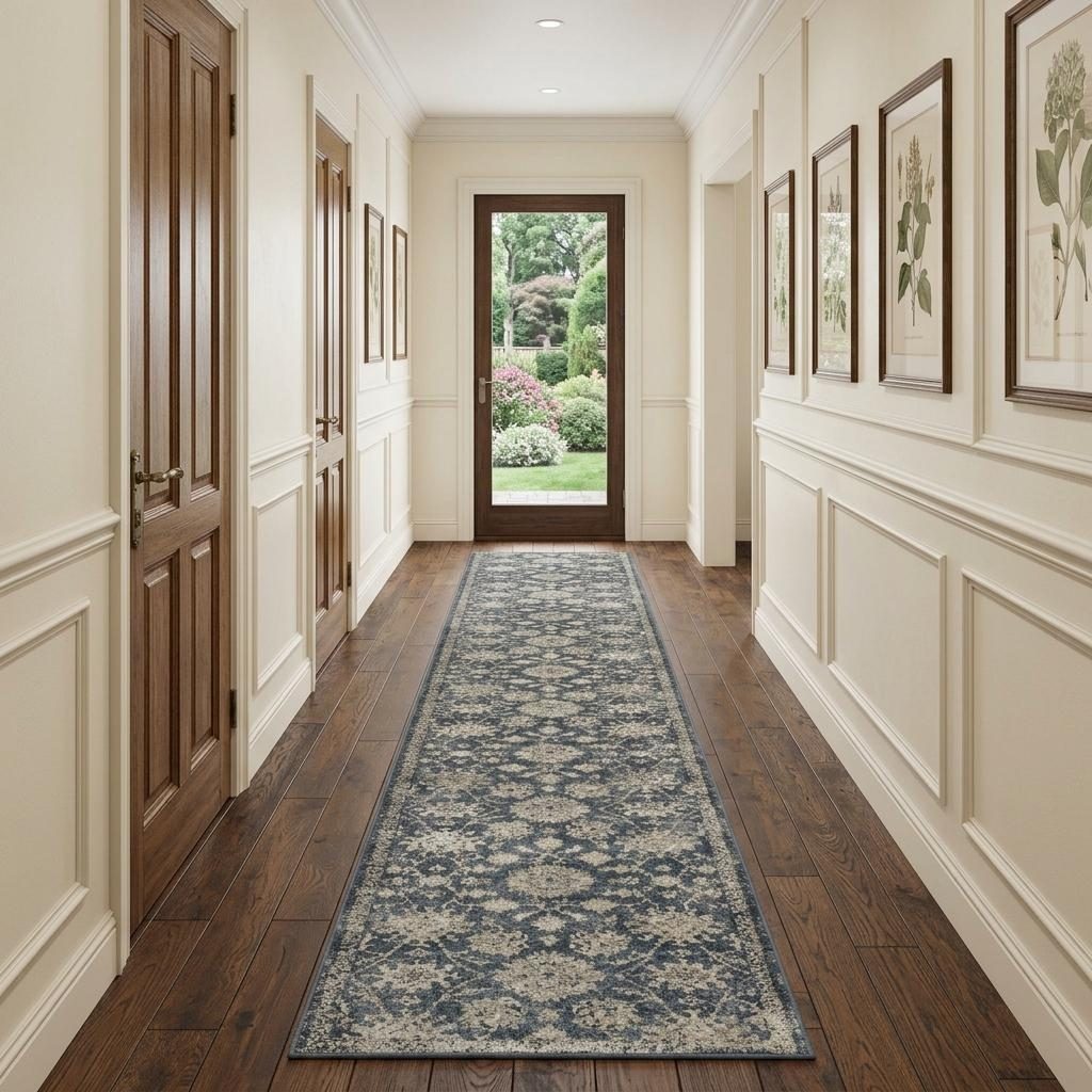 Beige and Blue Floral Medallion Polypropylene Rectangle Area Rug