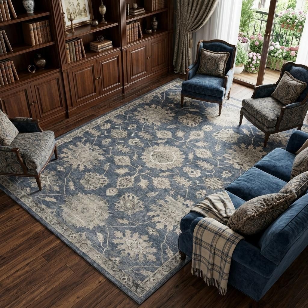 Beige and Blue Floral Medallion Polypropylene Rectangle Area Rug, 7′ × 10′