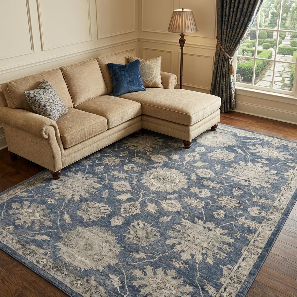 Beige and Blue Floral Medallion Polypropylene Rectangle Area Rug, 8′ × 10′