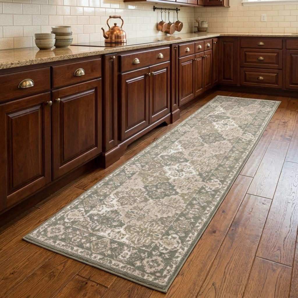 Green and Ivory Medallion Distressed Polypropylene Area Rug, 8′ Runner