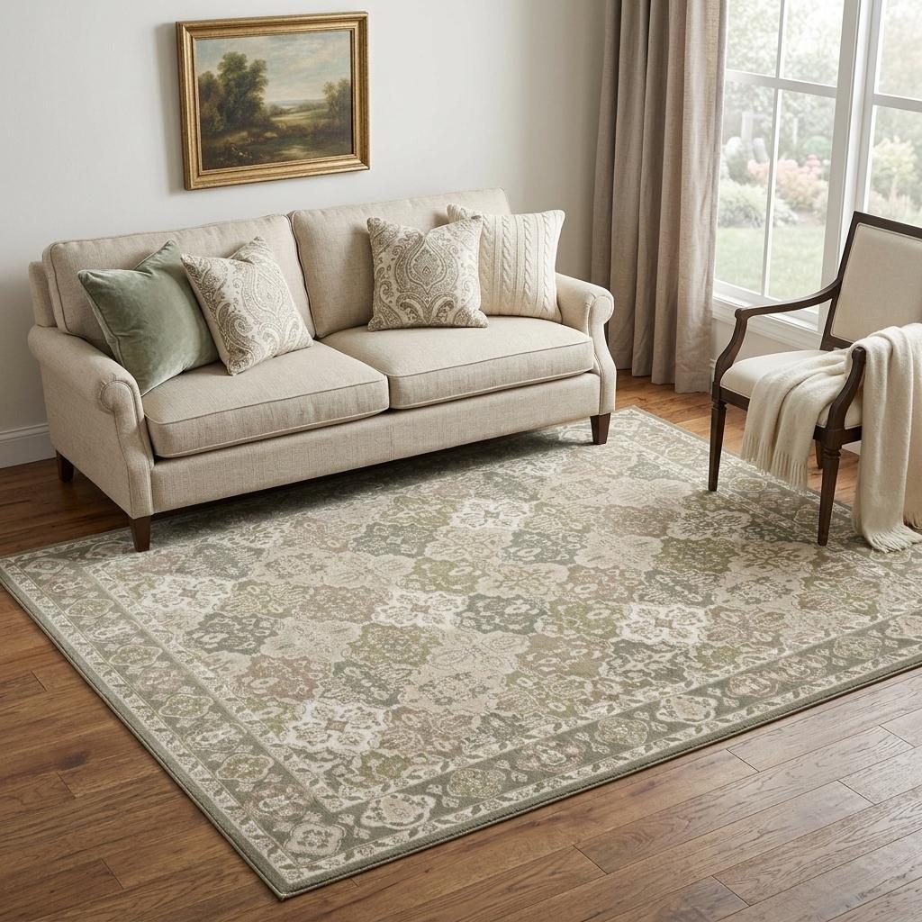 Green and Ivory Medallion Distressed Polypropylene Area Rug, 5′ × 7′