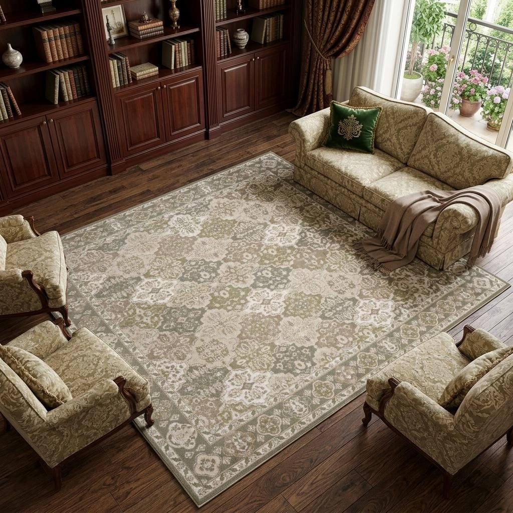 Green and Ivory Medallion Distressed Polypropylene Area Rug, 8′ × 10′