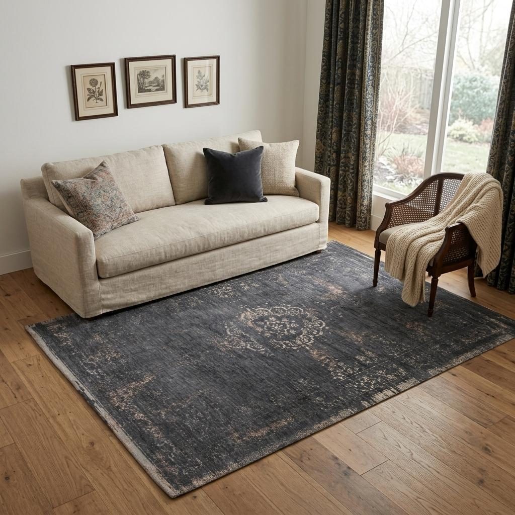 Gray and Black Medallion Non-Skid PET Rectangle Area Rug, 5′ × 7′