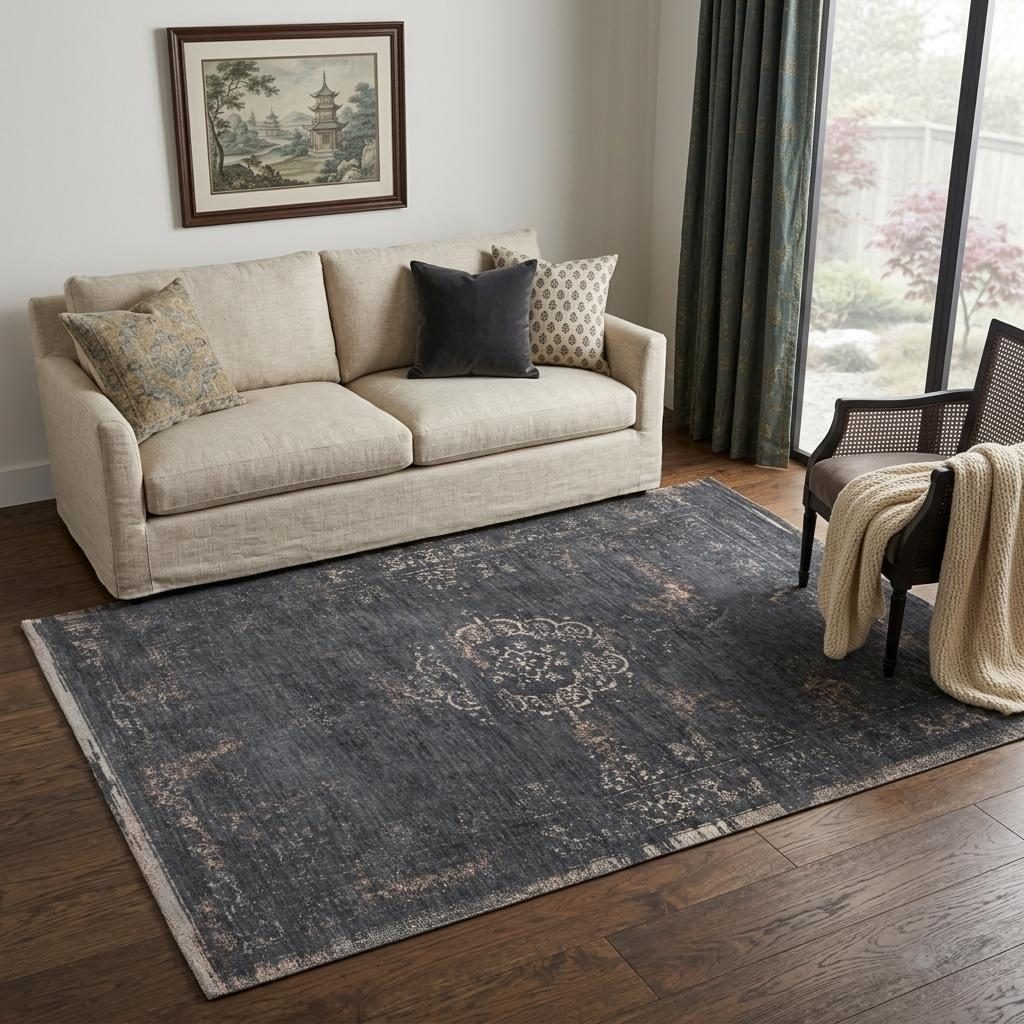 Gray and Black Medallion Non-Skid PET Rectangle Area Rug, 6′ × 8′