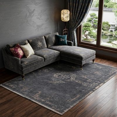 Gray and Black Medallion Non-Skid PET Rectangle Area Rug