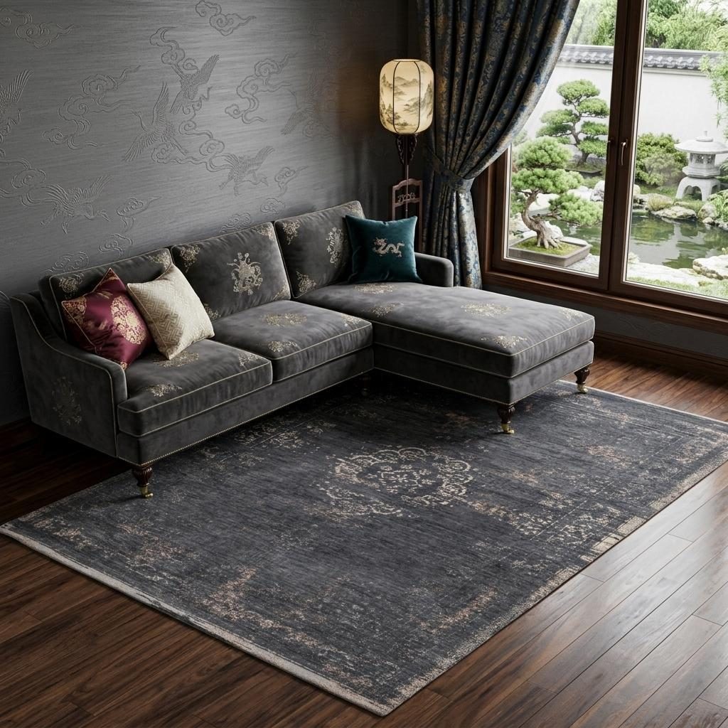 Gray and Black Medallion Non-Skid PET Rectangle Area Rug, 7′ × 9′