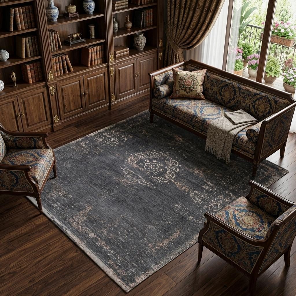Gray and Black Medallion Non-Skid PET Rectangle Area Rug, 8′ × 11′