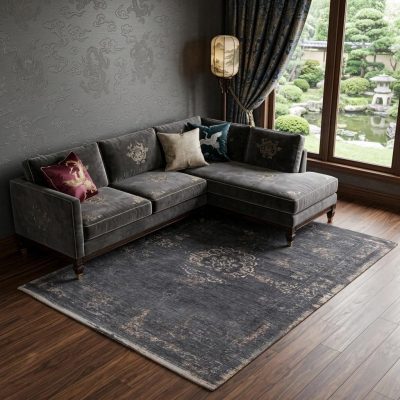 Gray and Black Medallion Non-Skid PET Rectangle Area Rug