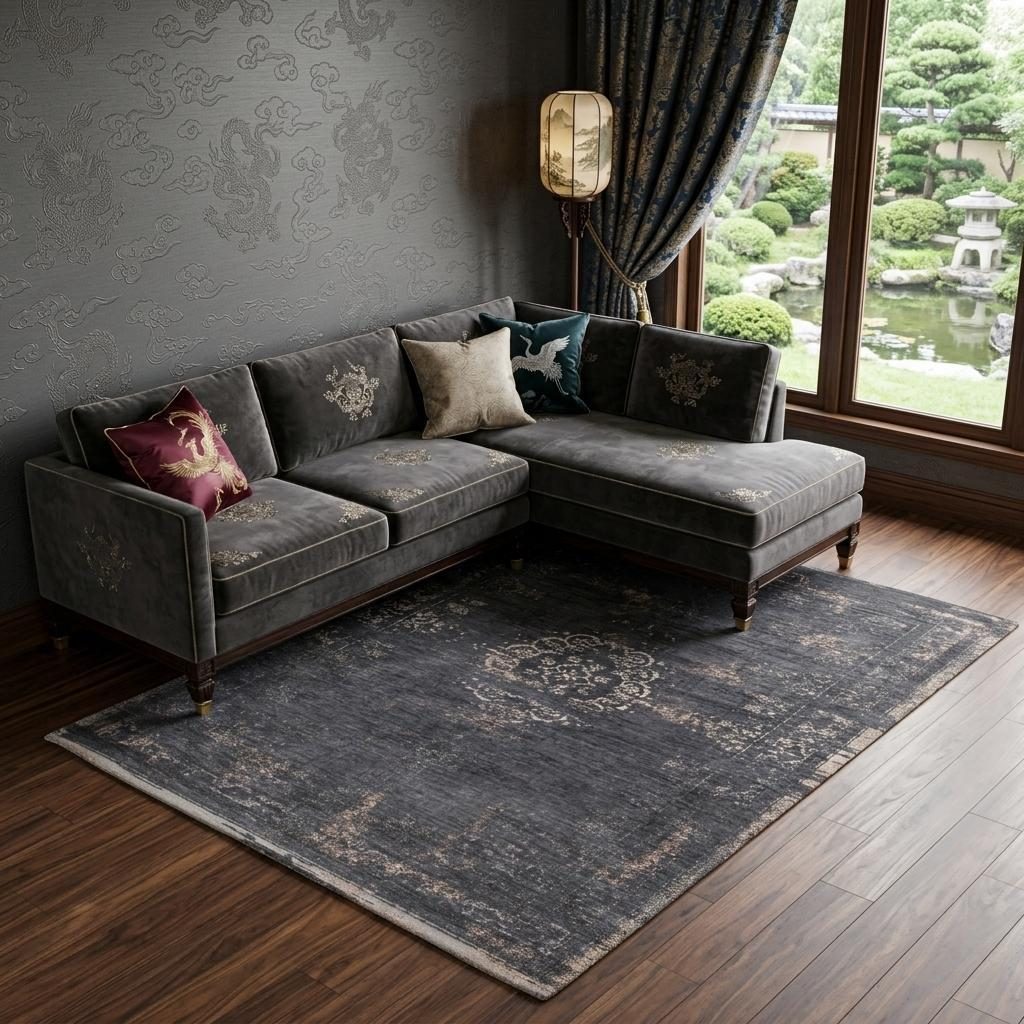 Gray and Black Medallion Non-Skid PET Rectangle Area Rug, 9′ × 13′
