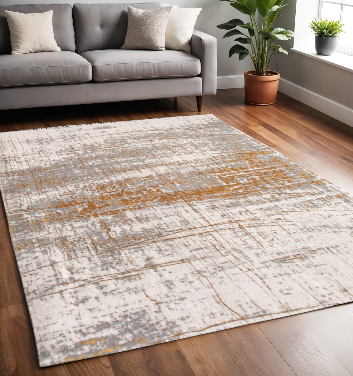 Gray and Gold Abstract Non-Skid PET Area Rug, 5′ × 7′