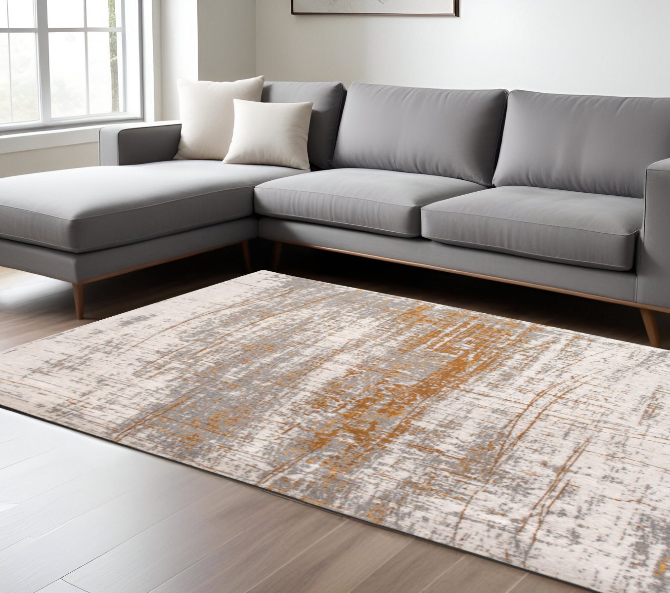 Gray and Gold Abstract Non-Skid PET Area Rug, 6′ × 8′