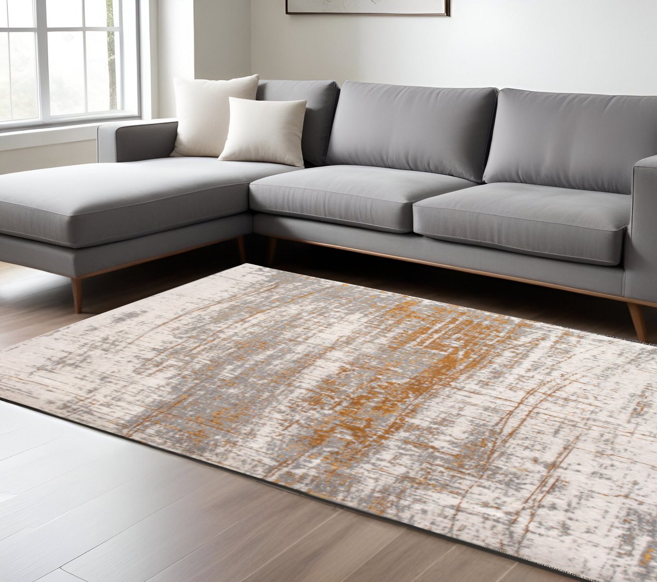 Gray and Gold Abstract Non-Skid PET Area Rug, 8′ × 11′