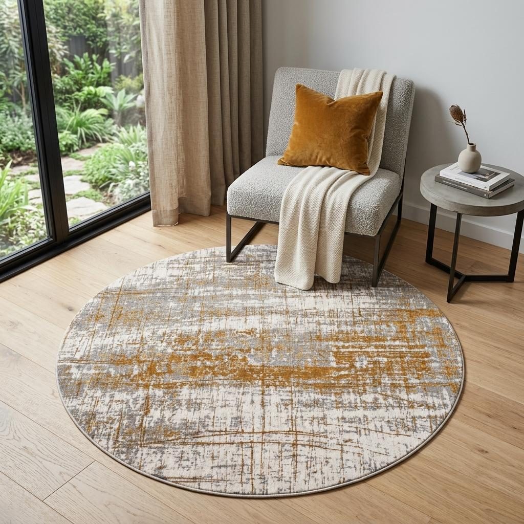 Gray and Gold Abstract Non-Skid PET Area Rug, 5′ Round
