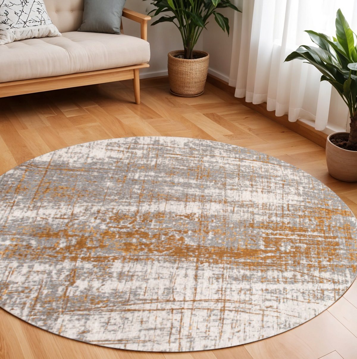 Gray and Gold Abstract Non-Skid PET Area Rug, 8′ Round