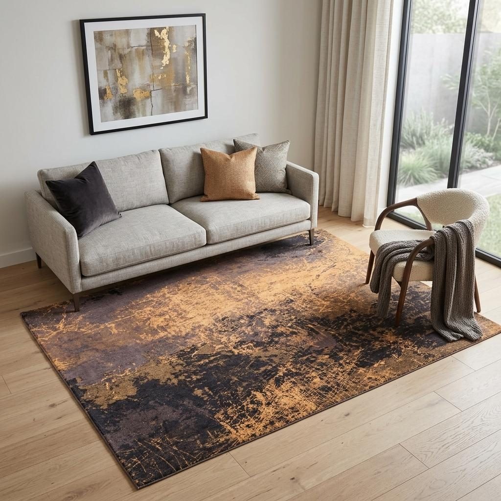 Yellow and Brown Abstract Non-Slip PET Area Rug, 5′ × 7′