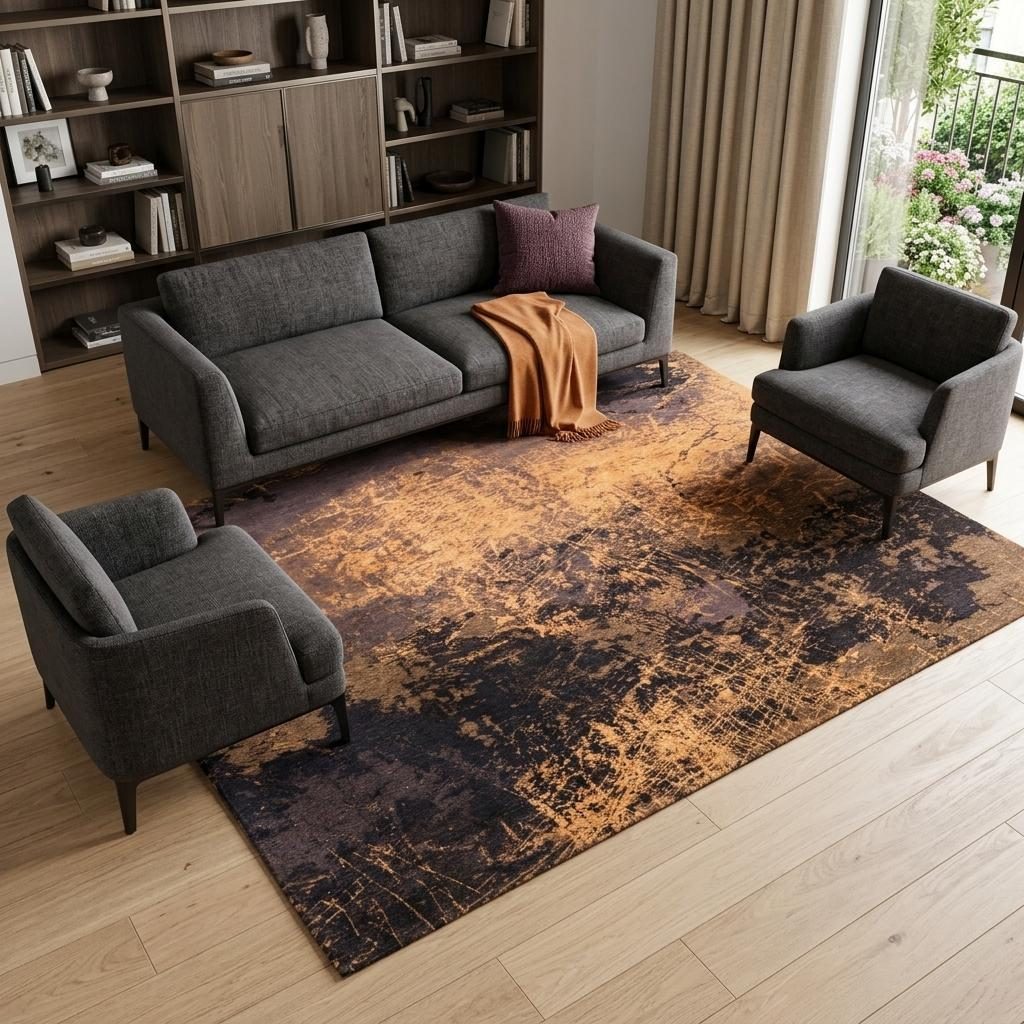 Yellow and Brown Abstract Non-Slip PET Area Rug, 7′ × 9′