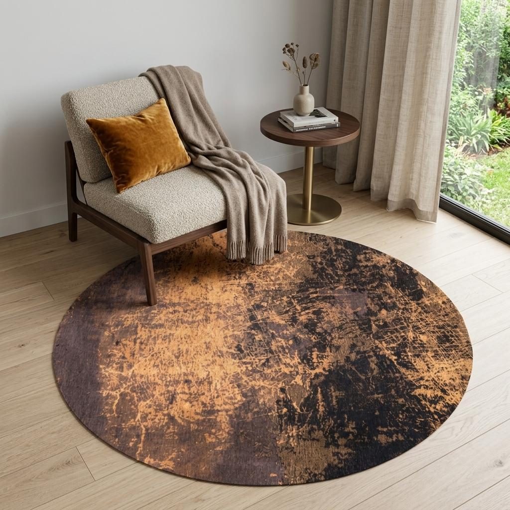 Yellow and Brown Abstract Non-Slip PET Area Rug, 5′ Round