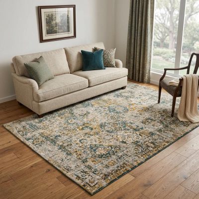 Blue and Green Abstract PET Rectangular Area Rug