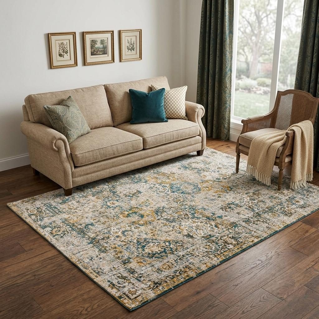 Blue and Green Abstract PET Rectangular Area Rug, 6′ × 8′