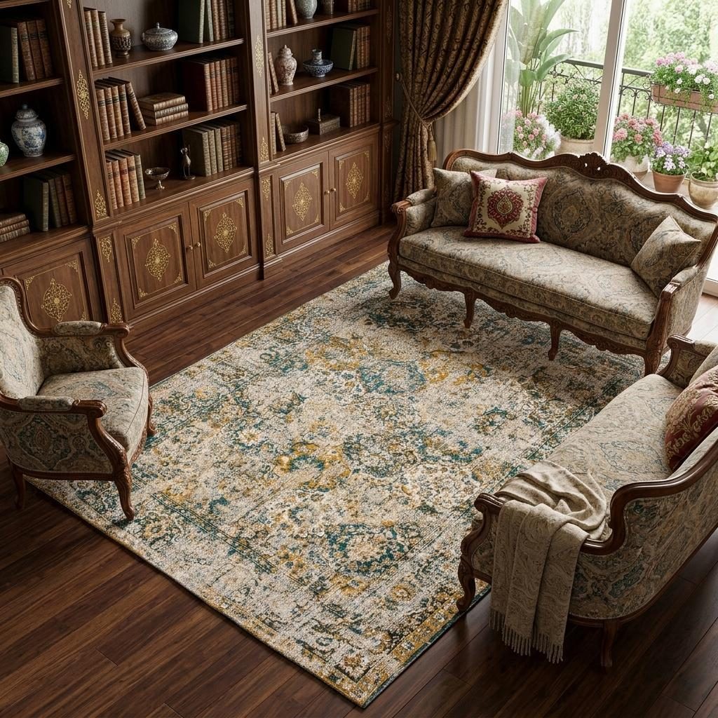 Blue and Green Abstract PET Rectangular Area Rug, 7′ × 9′