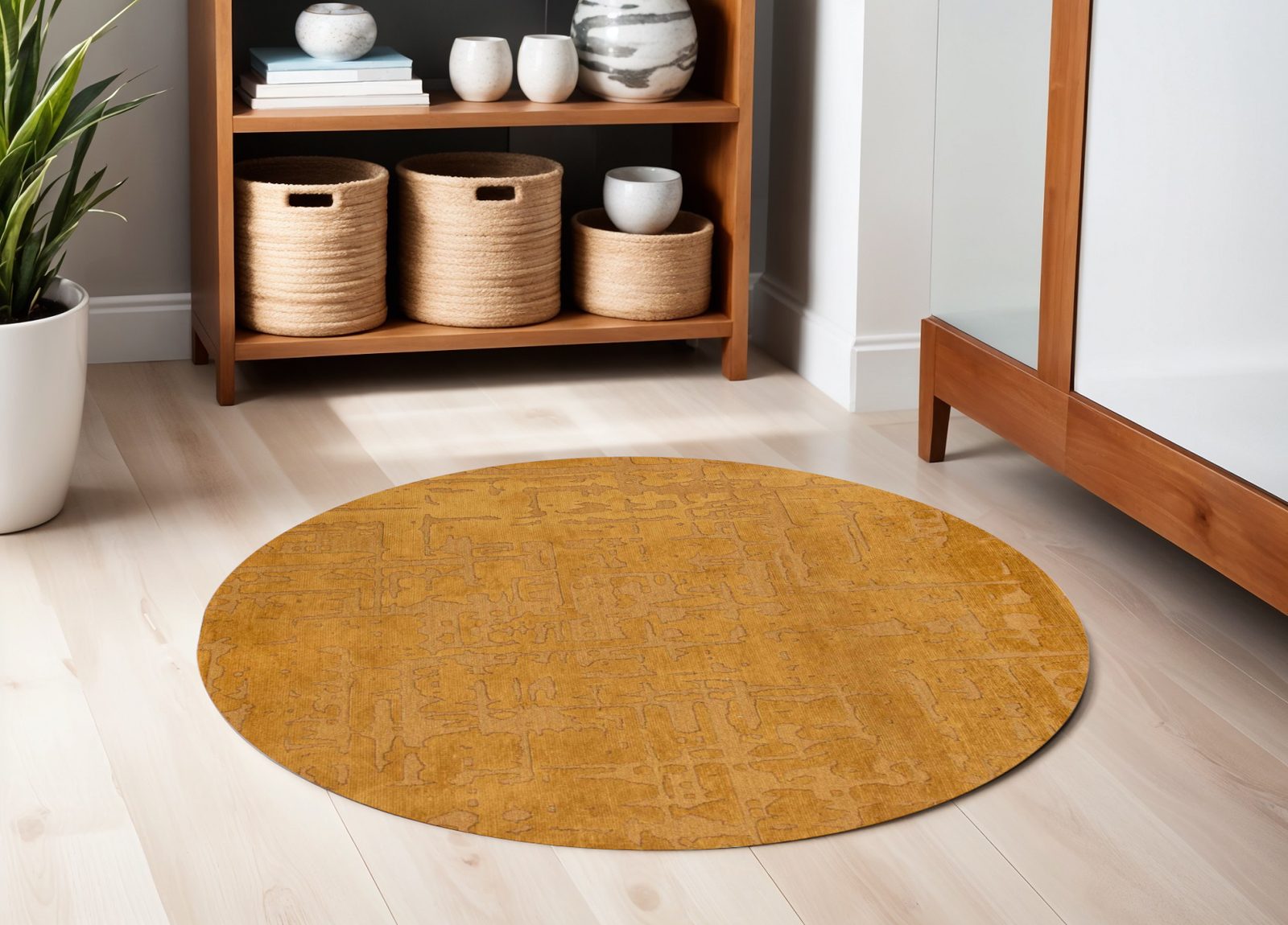 Yellow Abstract Non-Skid PET Area Rug, 5′ Round