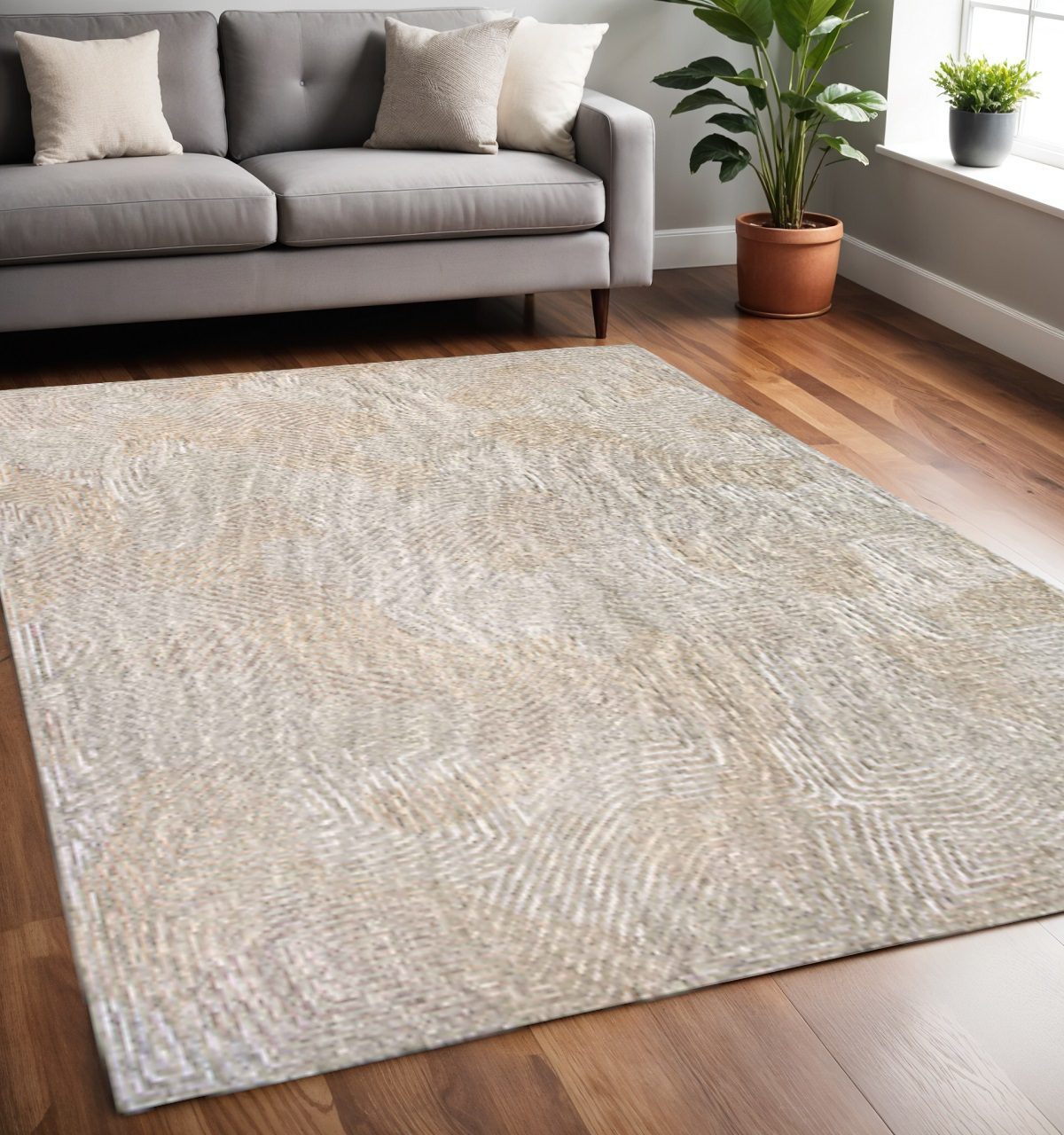 Beige and White Abstract Non-Skid PET Area Rug, 5′ × 7′