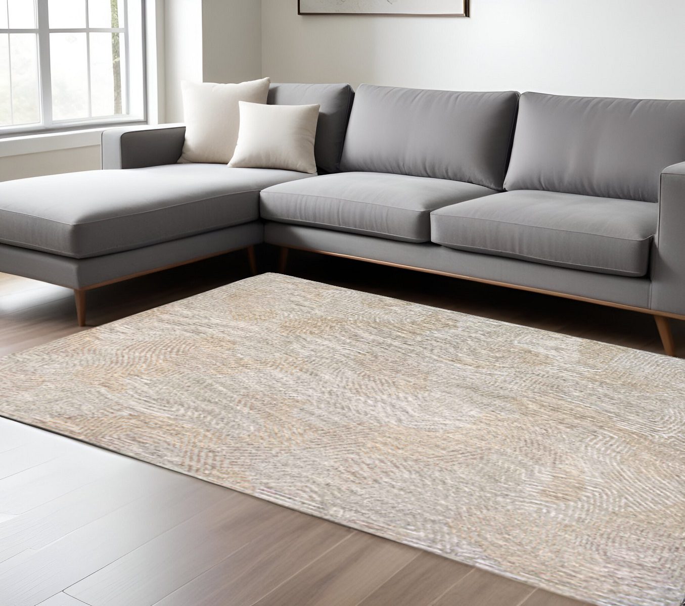Beige and White Abstract Non-Skid PET Area Rug, 6′ × 8′