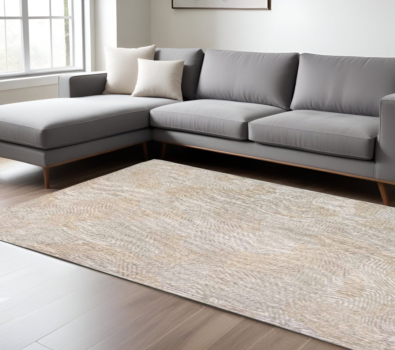 Beige and White Abstract Non-Skid PET Area Rug, 7′ × 9′