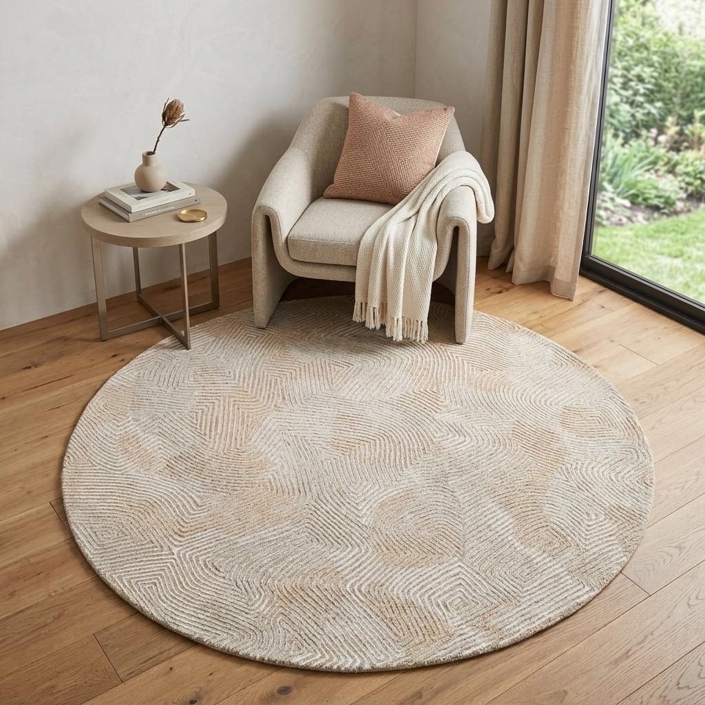 Beige and White Abstract Non-Skid PET Area Rug, 5′ Round