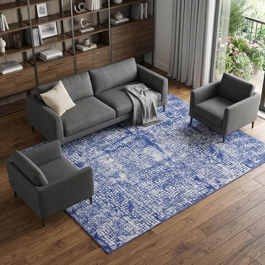 Ivory and Navy Blue Abstract Distressed Polypropylene Rectangle Area Rug, 7′ × 10′
