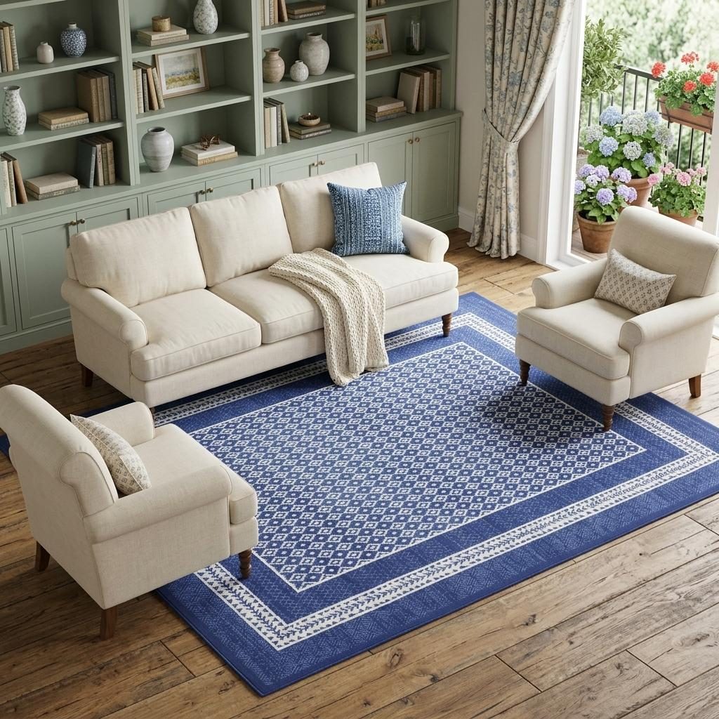 Ivory and Navy Blue Geometric Distressed Polypropylene Area Rug, 7′ × 10′