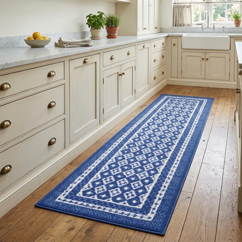 Ivory and Navy Blue Geometric Distressed Polypropylene Area Rug, 8′ Runner