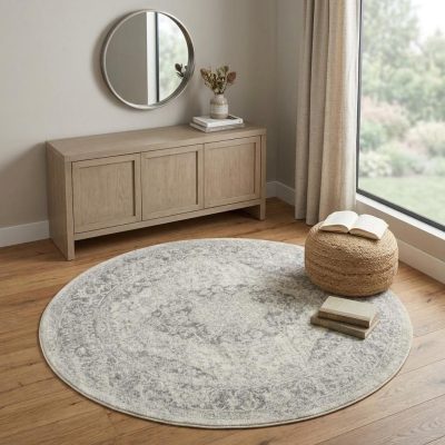Green and Ivory Floral Distressed Polypropylene Area Rug