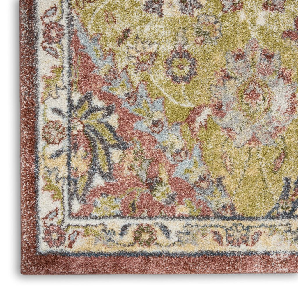 Green and Ivory Floral Distressed Polypropylene Area Rug