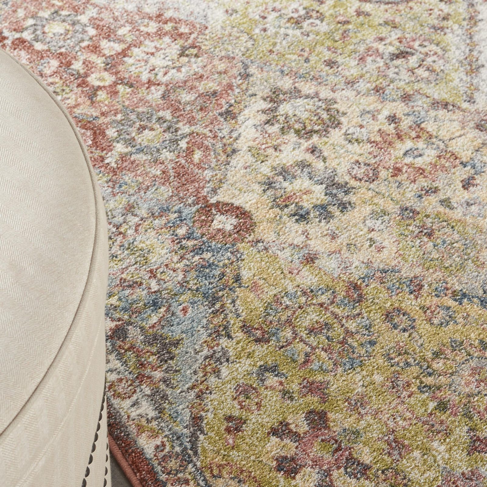 Green and Ivory Floral Distressed Polypropylene Area Rug