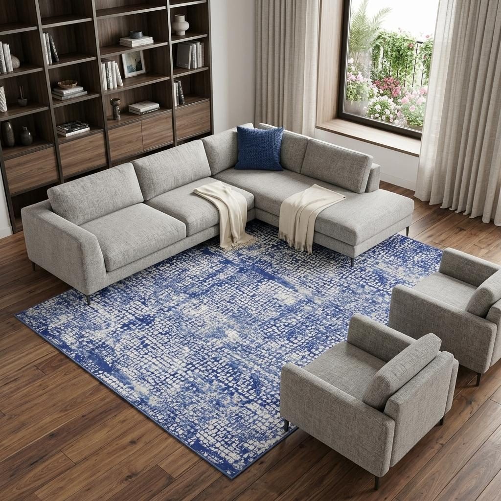 Ivory and Navy Blue Abstract Distressed Polypropylene Rectangle Area Rug, 8′ × 12′