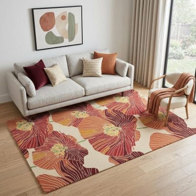 Ivory and Sunset Floral Hand Hooked Polyester Rectangle Area Rug