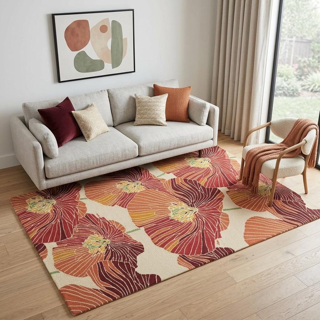 Ivory and Sunset Floral Hand Hooked Polyester Rectangle Area Rug, 5′ × 8′