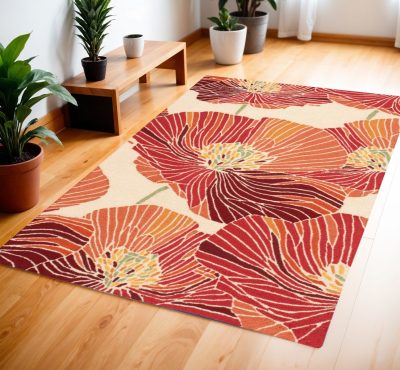 Ivory and Sunset Floral Hand Hooked Polyester Rectangle Area Rug