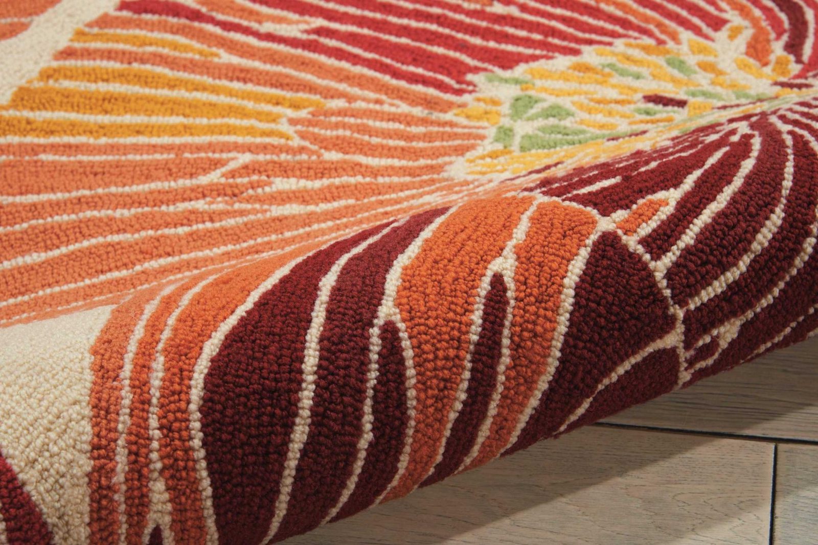 Ivory and Sunset Floral Hand Hooked Polyester Rectangle Area Rug