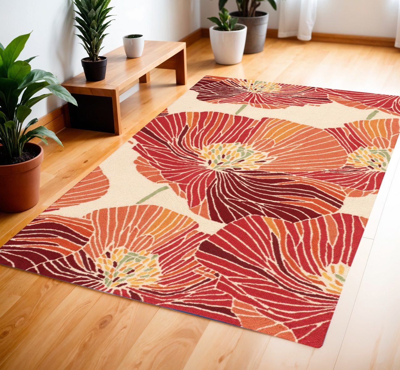 Ivory and Sunset Floral Hand Hooked Polyester Rectangle Area Rug
