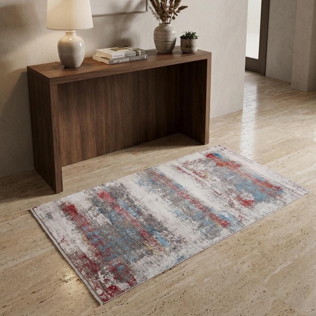 Gray Blue and Red Abstract Viscose Rectangle Area Rug, 3′ × 5′