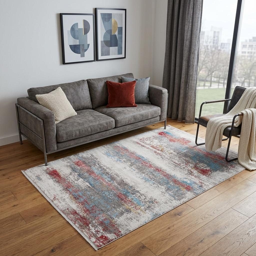 Gray Blue and Red Abstract Viscose Rectangle Area Rug, 5′ × 8′
