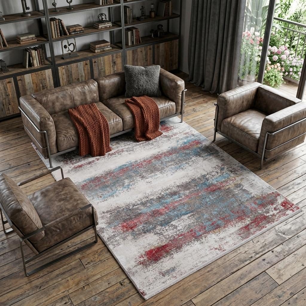 Gray Blue and Red Abstract Viscose Rectangle Area Rug, 7′ × 10′