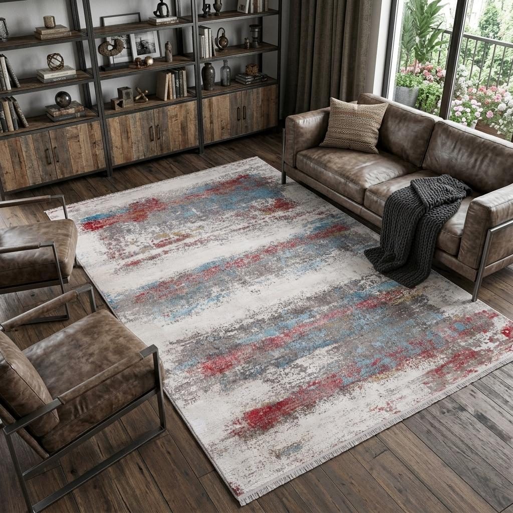 Gray Blue and Red Abstract Viscose Rectangle Area Rug, 8′ × 11′