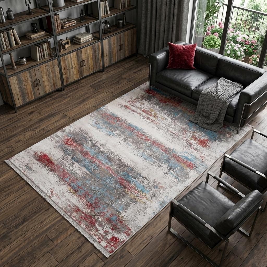 Gray Blue and Red Abstract Viscose Rectangle Area Rug, 10′ × 13′