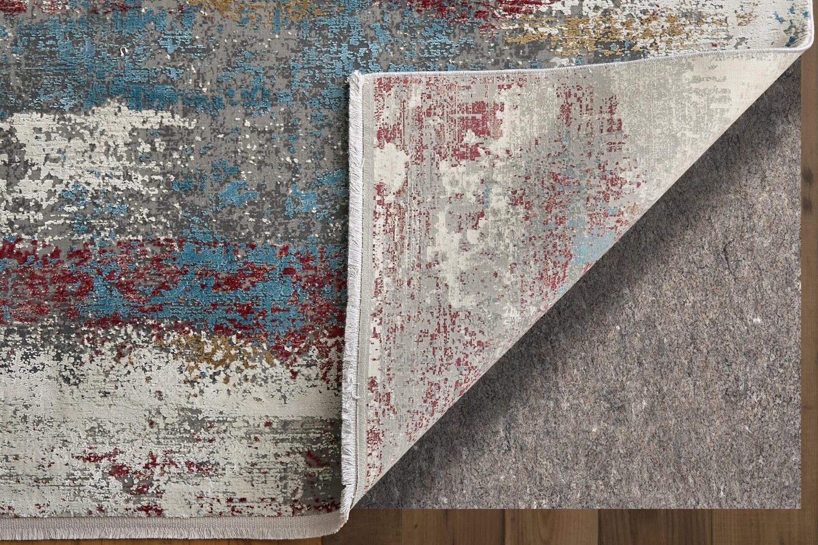 Gray Blue and Red Abstract Viscose Rectangle Area Rug