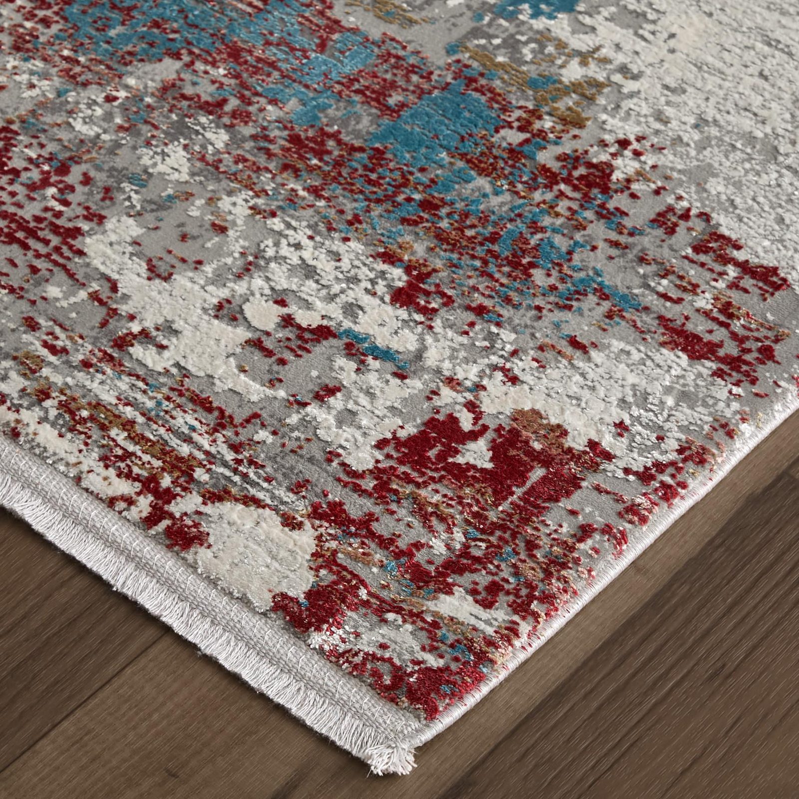 Gray Blue and Red Abstract Viscose Rectangle Area Rug